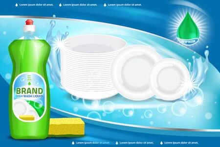 Vector 3d illustration of green color dishwashing liquid product advertisement. Plastic bottle label design. Washing-up liquid or dishwashing soap brand advertising poster.の写真素材