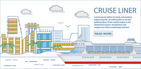 Cruise liner vector horizontal banner. Travel poster with large passenger cruise liner sailing on water, cityscape and place for text. Flat linear style design.の写真素材