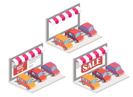 Car online vector illustration. 3d isometric automobiles on laptop keyboard. Online shopping, e-commerce concept design elements isolated on white background.の写真素材