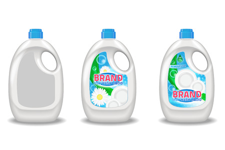 Dishwashing liquid products ad. Vector 3d illustration isolated on white background. Bottle template design. Dish wash brand bottle advertisement poster layout.のイラスト素材
