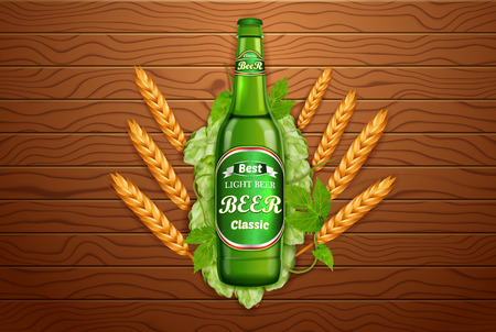 Realistic beer products ad. Vector 3d illustration. Light beer bottle template design. Alcoholic drink brand glass bottle advertisement poster layoutのイラスト素材