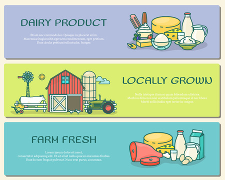 Vector set of farm horizontal banners in flat linear styleのイラスト素材