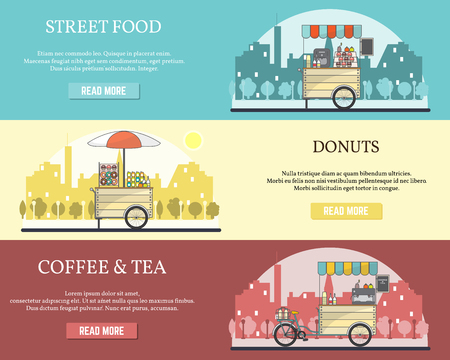 Vector set of tricycle street food bike horizontal bannersのイラスト素材
