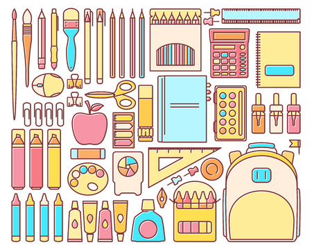 Vector set of school supplies in modern flat linear styleのイラスト素材