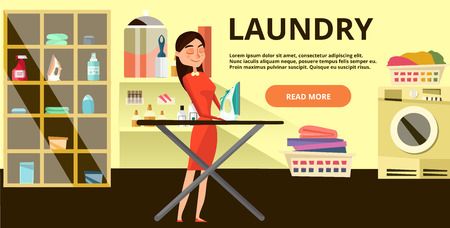 A Vector laundry horizontal banner with laundry operative female standing next to ironing board with iron, place for your text. Laundry business advertising flat style design element.のイラスト素材