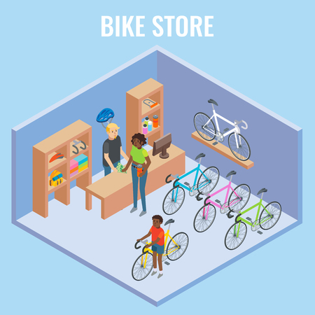 Vector 3d isometric bike shop concept illustrationのイラスト素材