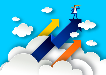 Leadership concept with arrows on white clouds. Businessman with spyglass on a top illustration in paper art style. Business leader poster.のイラスト素材