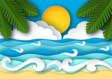 Sea waves and tropical beach in paper art style. Travel concept vector illustration. Summer vacation poster in paper cut design.のイラスト素材