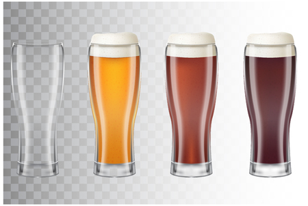 Set of realistic tall beer glasses with different main types of beer. Classic light beer, dark, red and empty glass on transparent background. Vector illustration of a 3d styleのイラスト素材