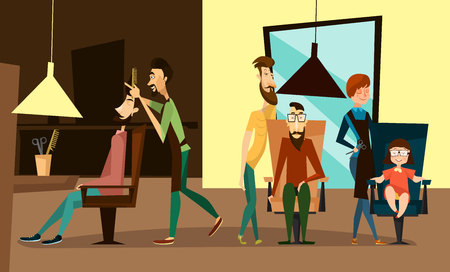 Hair salon interior with hairdressers and customers include kids. Vector cartoon illustration of barbershop salon inside with visitorsのイラスト素材