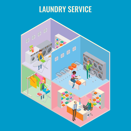 Laundry service vector flat 3d isometric illustration. Cutaway laundry interior with reception, ironing room, commercial and self-service laundry.のイラスト素材