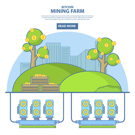Bitcoin mining farm concept vector illustration. Digital currency or cryptocurrency mining farm. Thin line flat style design template for web banners and printed materials.のイラスト素材