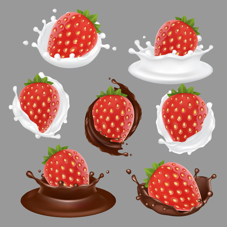 Vector realistic strawberry with chocolate, whipped cream and yogurt icon set. Sweet fruit and milk dessert brand advertising templates.のイラスト素材