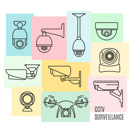 Vector set of video surveillance camera symbols, CCTV. Security icon set, thin line flat design.のイラスト素材