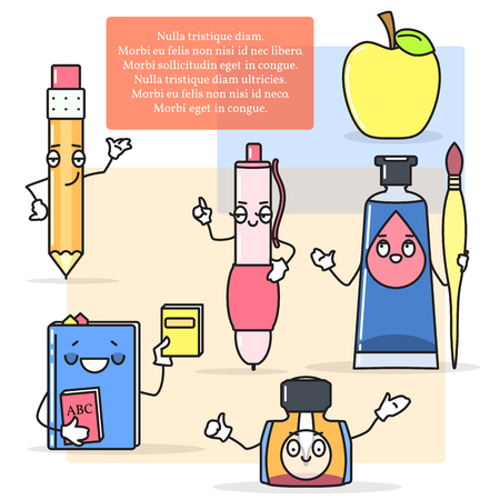 Vector set of drawing and painting items. Pen, pencil, paints, brush in cartoon style. Back to school concept design elements.のイラスト素材