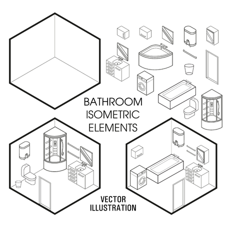Isometric bathroom interior constructor. Vector set of isometric Furniture elements of home interior isolated on white background. Flat 3d design template.のイラスト素材
