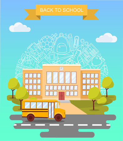 Back to school concept vector poster. School bus with building on background. City primary and high school. Education banner in flat cartoon styleのイラスト素材