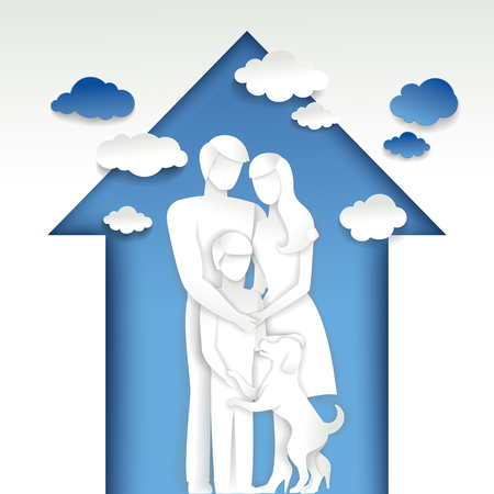 A Vector abstract illustration of happy family with one child and pet dog in house.のイラスト素材