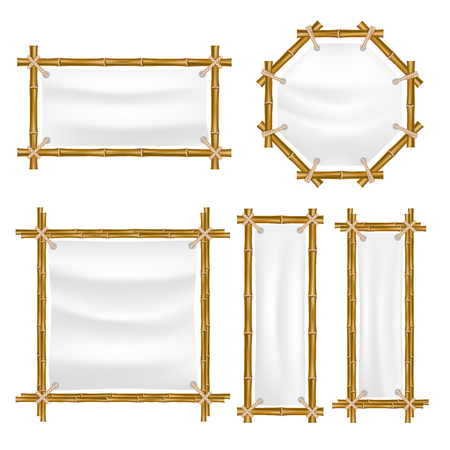 A Vector bamboo frame with canvas set. Wooden frame made of bamboo sticks tied up with ropes. Bamboo home decoration.のイラスト素材