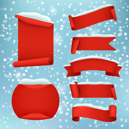 A Vector set of paper winter holidays and winter sale banners. Red realistic ribbon banners with snow.のイラスト素材