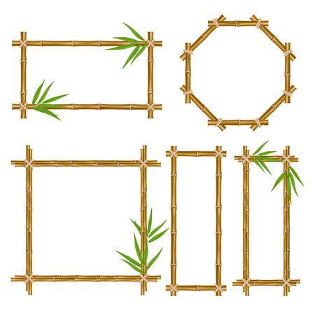 A Vector bamboo frame set. Wooden frame made of bamboo sticks and bamboo leaves tied up with rope. Bamboo home decoration.のイラスト素材