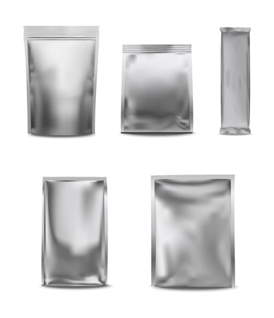 Vector white blank foil pack plastic bag setのイラスト素材