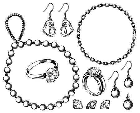 Jewelry set vector ink hand drawn illustrationのイラスト素材