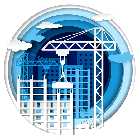Blue cityscape, building construction concept. Vector illustration in paper art style.のイラスト素材