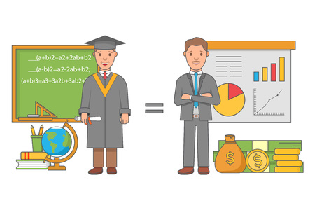 Education concept vector illustration, flat linear style design. Successful graduate with diploma is successful businessman making money.のイラスト素材