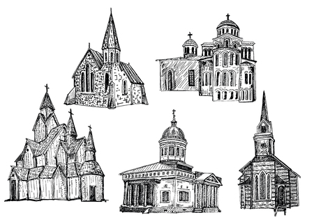 Churches set. Vector ink hand drawn illustration isolated on white background.のイラスト素材