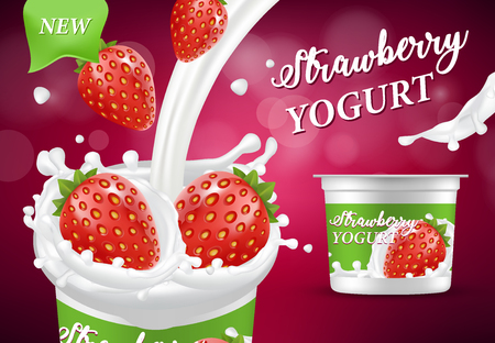 Natural yogurt, vector realistic illustration. Healthy dairy product with fresh and ripe strawberry, milk splashes, packaging design. Natural strawberry yogurt ad poster.のイラスト素材