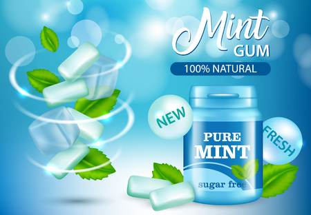 New pure mint and sugar free chewing gum ad, vector realistic illustrationのイラスト素材