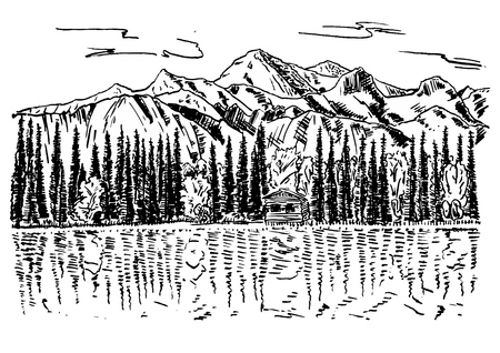 Vintage beautiful nature background vector ink hand drawn illustration. Sketch lake house, fir trees and mountain rocks.のイラスト素材