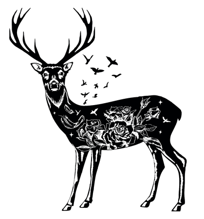 Stylized decorative deer. Vector ink hand drawn illustration isolated on white background.のイラスト素材