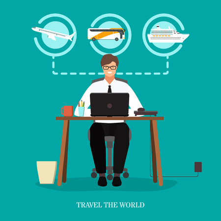Travel the world concept vector illustration. Travel agency male at work, traveling means of transport airplane, coach bus and cruise ship icons. Flat style design.のイラスト素材
