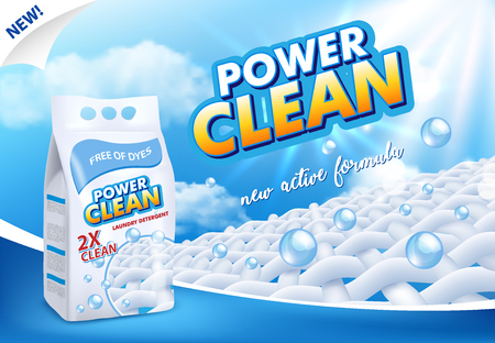 Powder laundry detergent advertising vector illustration. Washing powder foil bag package label design template.のイラスト素材