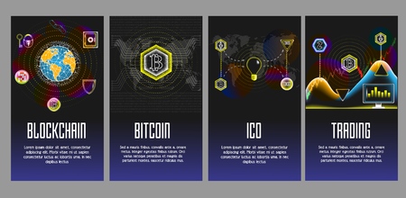 Blockchain, Bitcoin, Ico and Trading vector poster, banner setのイラスト素材