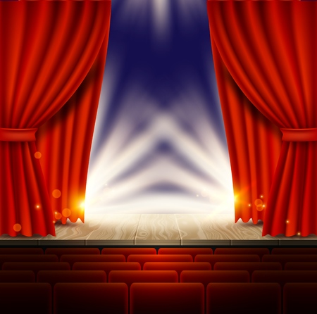 Theater or cinema scene with red curtains vector realistic illustration.のイラスト素材