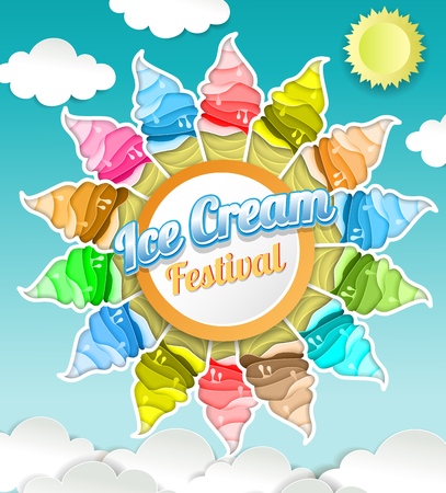 Ice cream festival concept. Vector illustration of delicious ice cream cones in paper art style. Summer wallpaper, background, poster, banner, flyer, invitation card design template.のイラスト素材