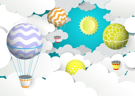 Hot air balloons in the sky. Vector illustration in paper art style. Hot air balloon background, wallpaper.のイラスト素材