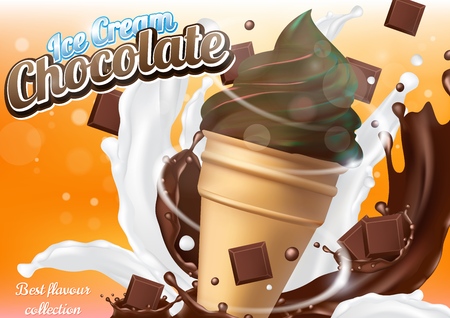 Chocolate ice cream cone dessert vector realistic illustration. Dairy product with chocolate, milk and molten chocolate splashes. Ice cream ad design template.のイラスト素材