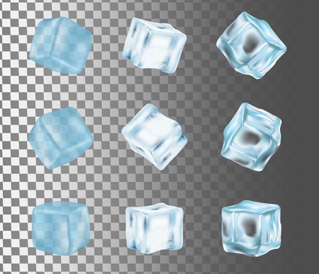 Ice cube icon set. Vector realistic illustration isolated on transparent background.のイラスト素材