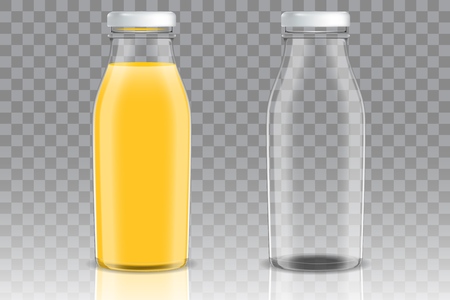 Orange juice empty and full glass bottle mockup set. Vector realistic illustration isolated on transparent background. Fruit drinks packaging design templates.のイラスト素材