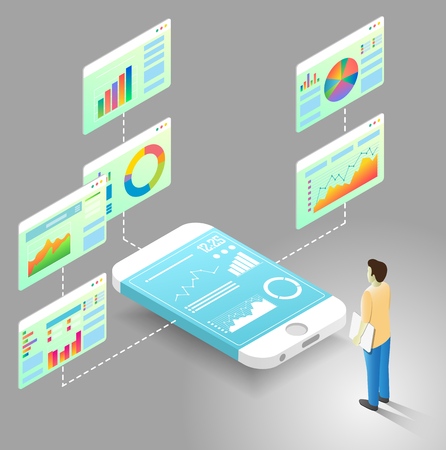 Mobile data analytics flowchart template. Vector isometric business statistics charts, graphs linked with smartphone by connecting lines.のイラスト素材