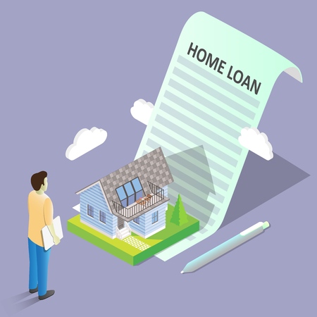Home loan concept vector isometric illustration. Home mortgage document agreement with house and man borrowing money to buy it.のイラスト素材