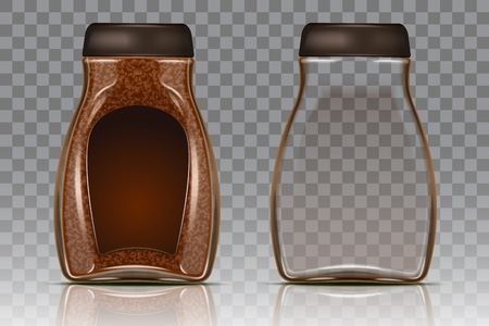 Coffee glass jar with instant coffee granules and empty jar. Vector realistic illustration isolated on transparent background.のイラスト素材