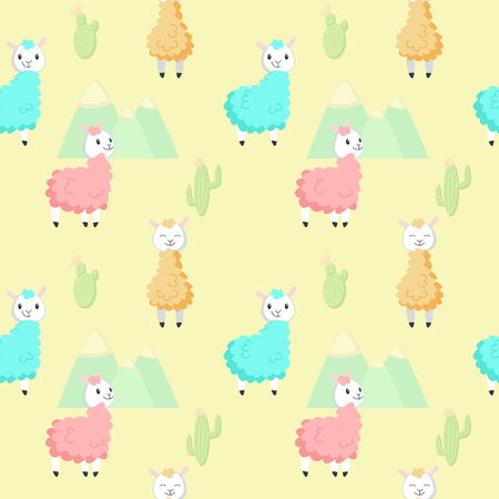 Cute alpacas with cactuses and mountains vector seamless pattern. Creative design for fabric, textile, wallpaper, wrapping paper.のイラスト素材