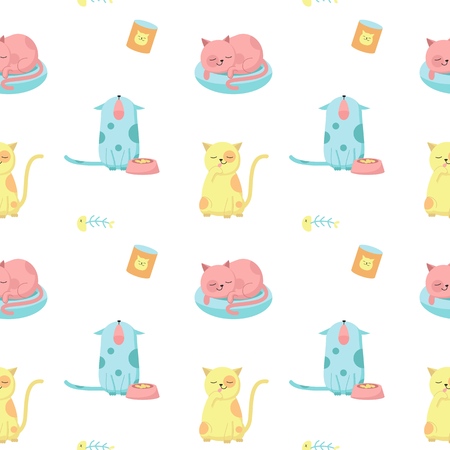 Funny cats vector seamless pattern. Creative design for fabric, textile, wallpaper, wrapping paper with cute happy cats licking, sleeping, meowing.のイラスト素材