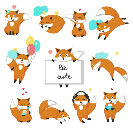 Cute fox icon set for greeting card, invitation, poster, sticker, print. Vector isolated illustration of funny foxes sitting sleeping, jumping, flying, dreaming, being in love, listening to music.のイラスト素材