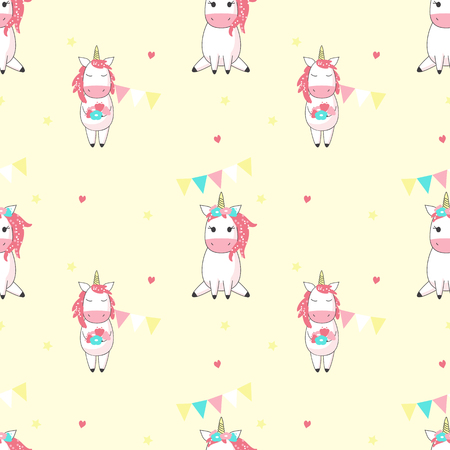 Magic unicorn seamless pattern. Vector hand drawn unicorns with hearts, stars and string flags party decorations.のイラスト素材